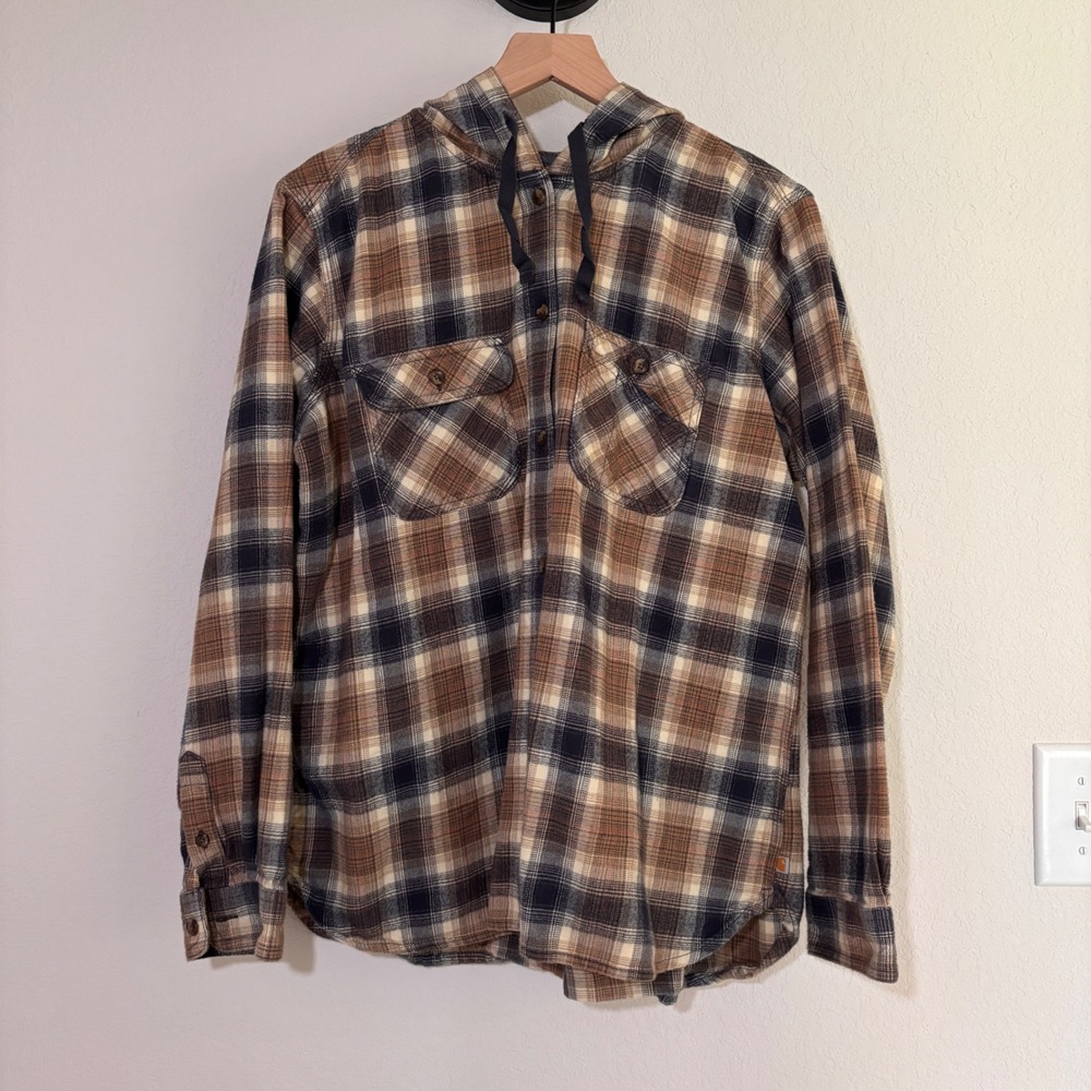 Carhartt Hooded Flannel Shirt‎ XL 16/18 Cotton Brown Plaid Gorpcore
